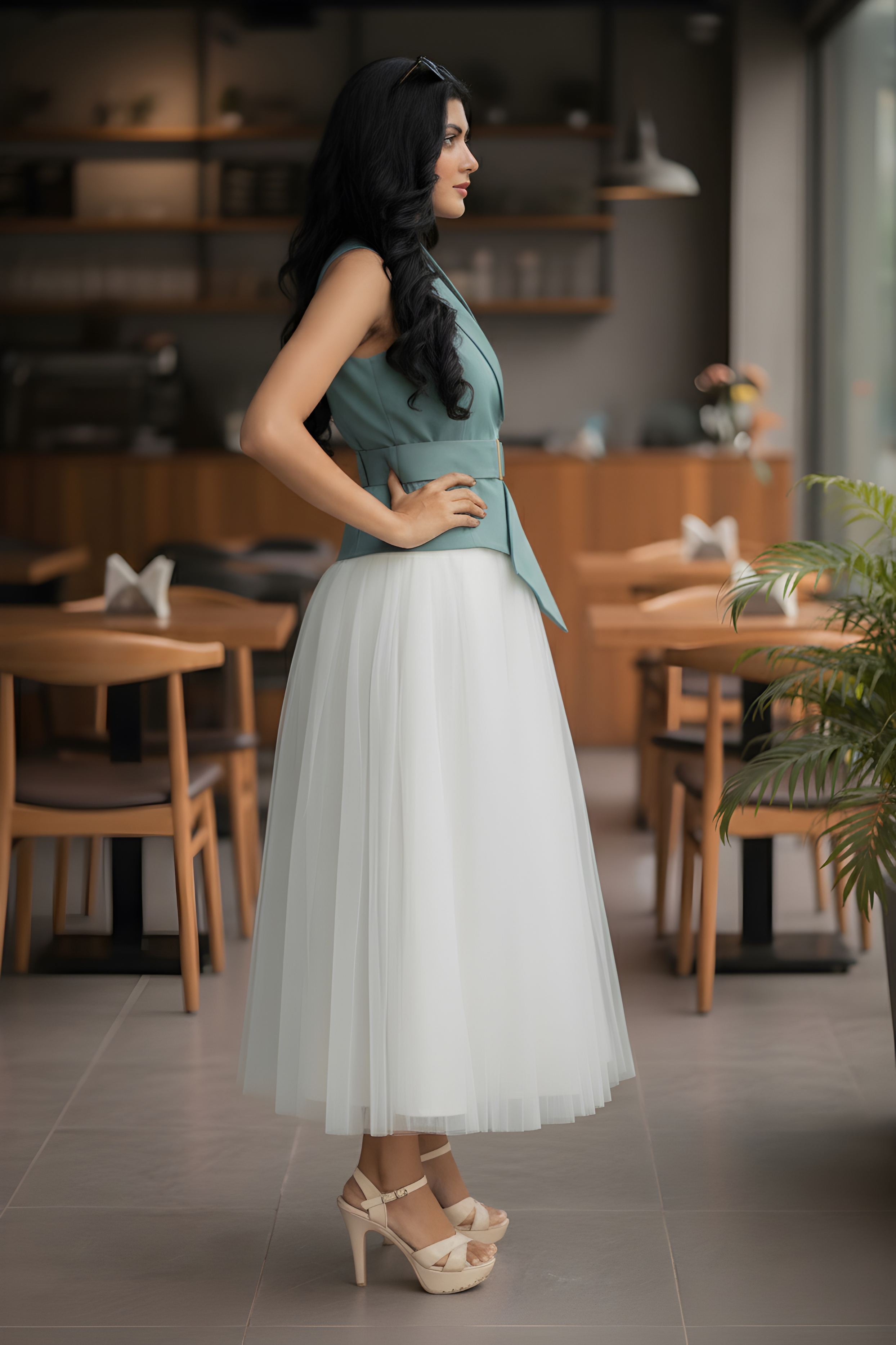 Ivory Skirt & Sea Green Waist Coat – Serene Sophistication